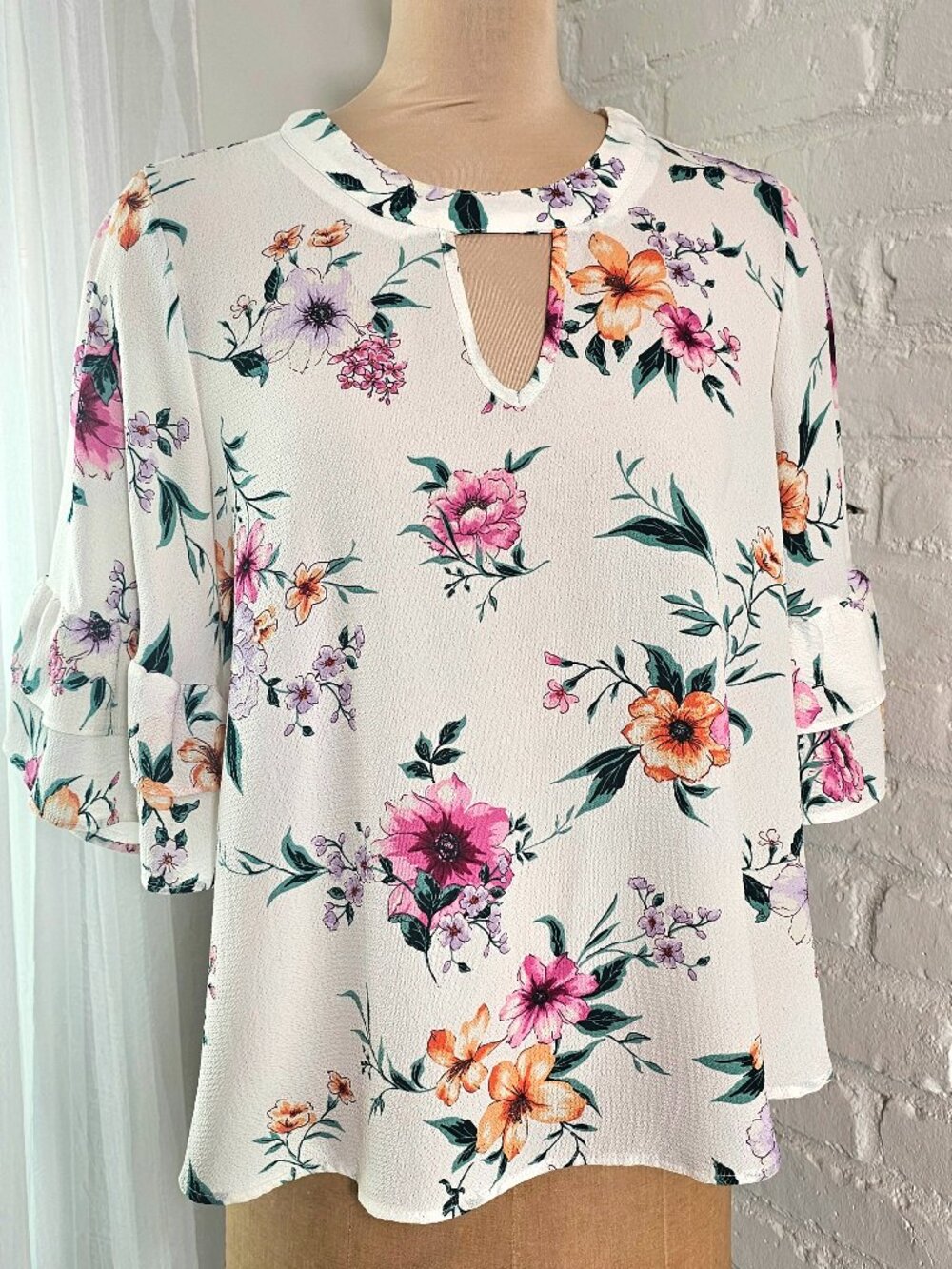 Floral Ruffle Sleeve Blouse Keyhole Top Spring Boho Cottagecore L Urban Romantic